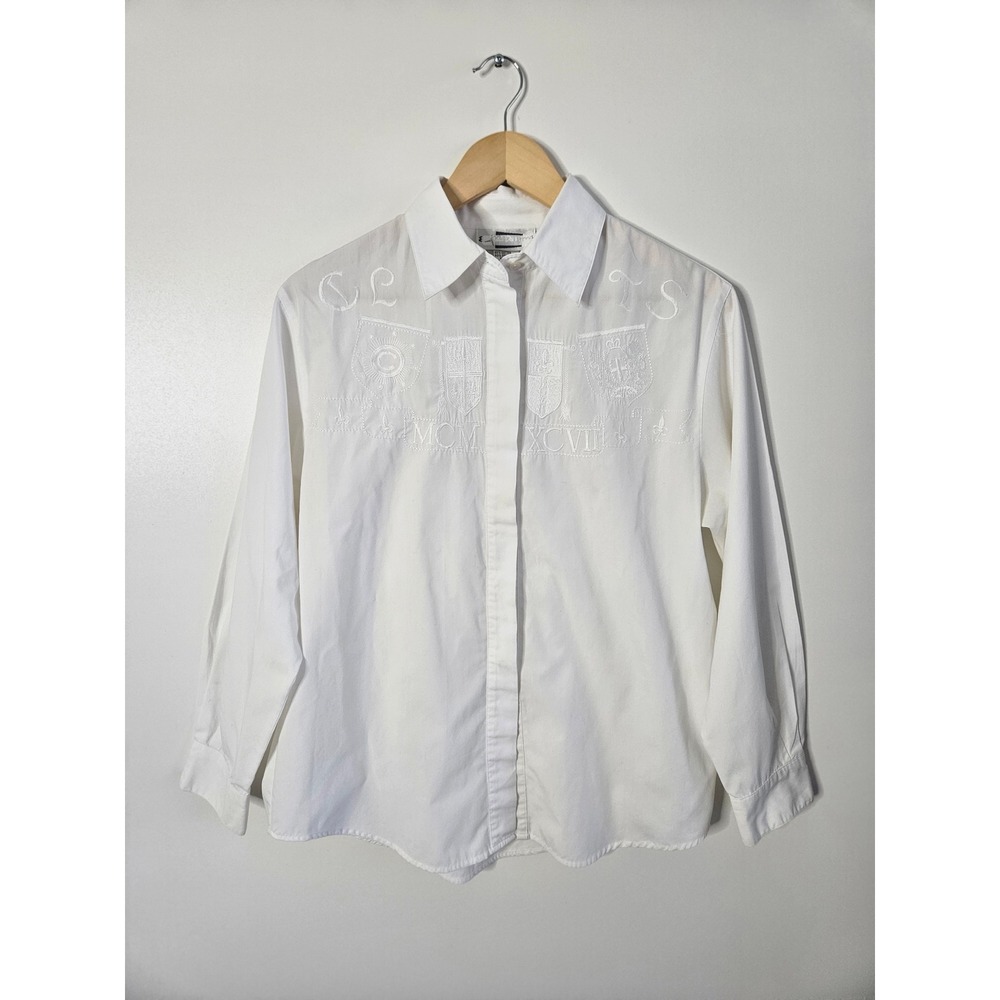 Vintage 90s Nicola Embroidered Crest Blouse - White 1997 Preppy Academic‎ - S